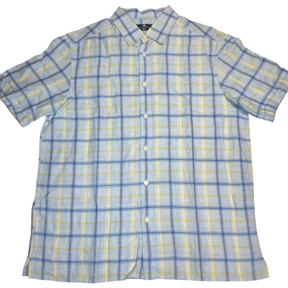 Mens Plaid Button Up Shirt Medium Blue Yellow Short Sleeve Casual Summer
